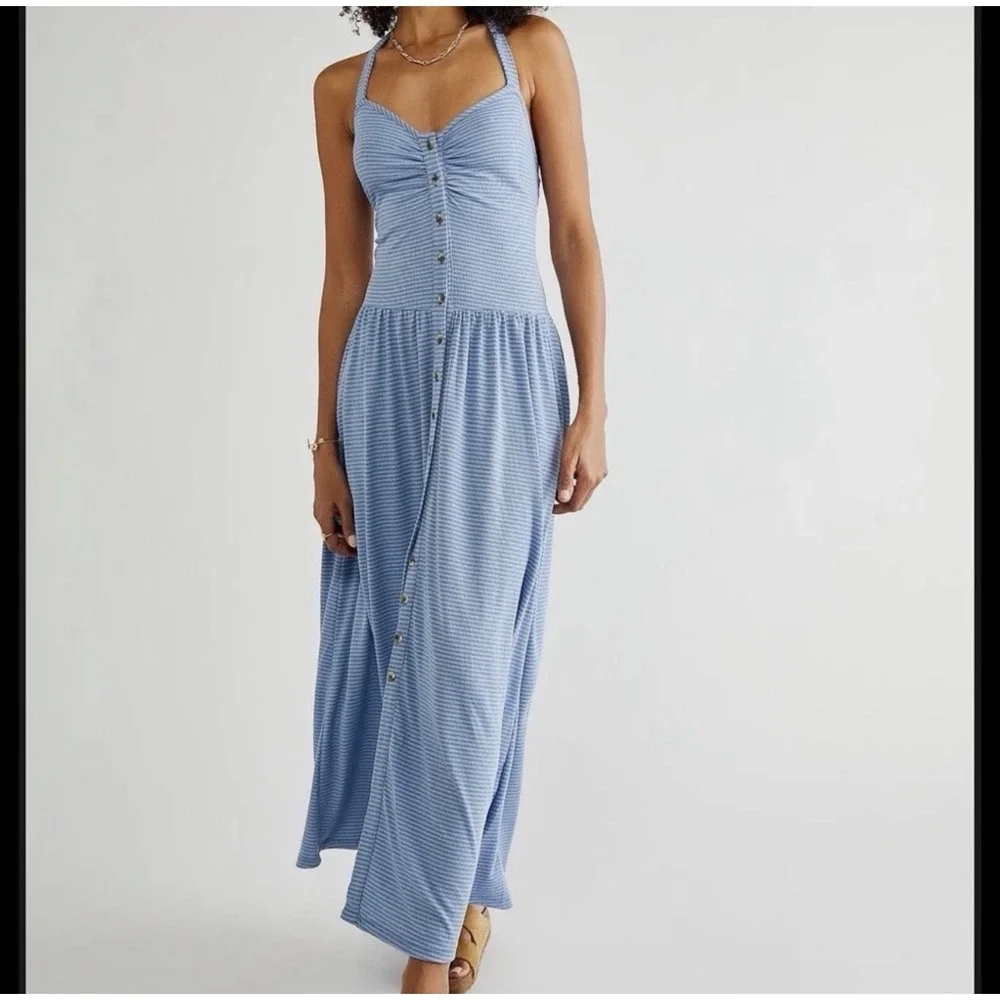 Free People Size M Nina Summer Halter Maxi Dress Coastal Boho Striped Sundress - Picture 1 of 12